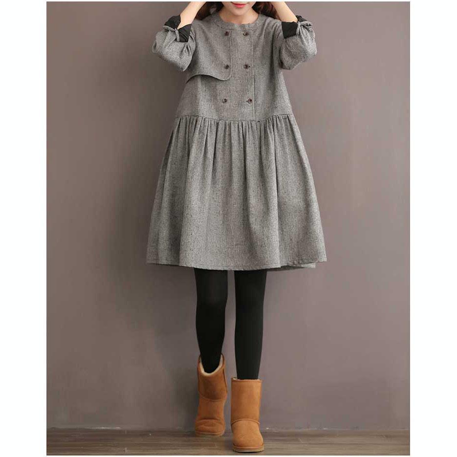 Gray vintage women spring woolen dresses oversize double breasted woolen dress - Omychic