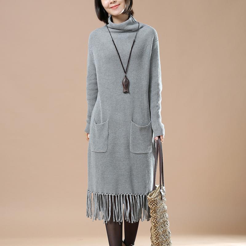 Gray winter sweaters oversize taseled dresses - Omychic