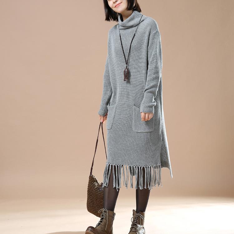 Gray winter sweaters oversize taseled dresses - Omychic