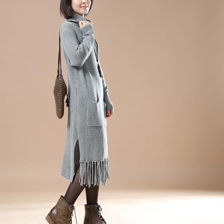 Gray winter sweaters oversize taseled dresses - Omychic