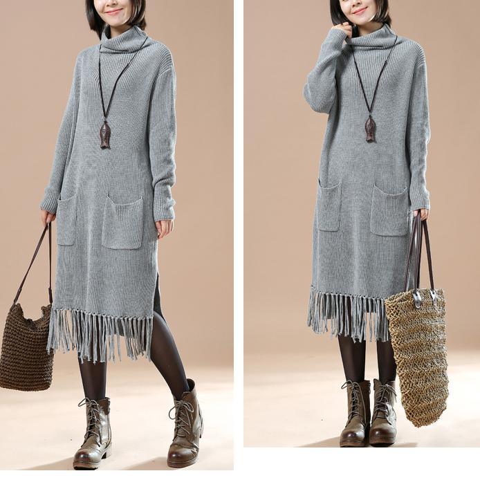 Gray winter sweaters oversize taseled dresses - Omychic