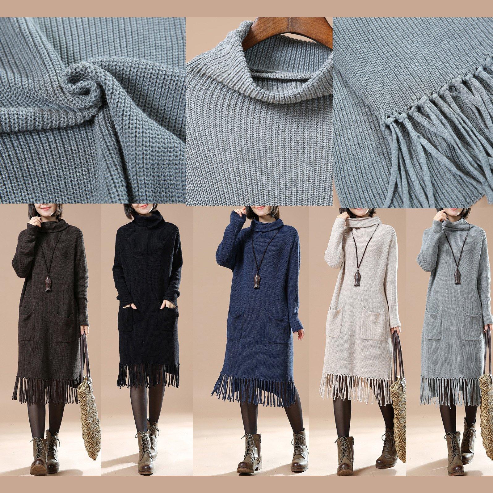 Gray winter sweaters oversize taseled dresses - Omychic