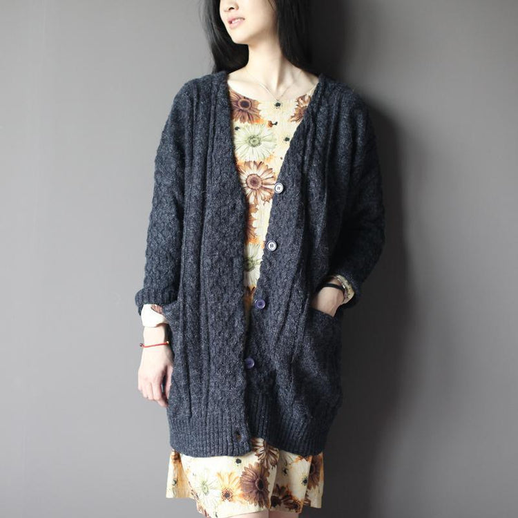 Gray woolen knitted cardigan coat plus size - Omychic