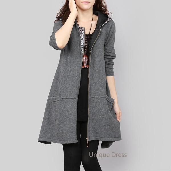 Gray zippered women long sweater cardigan coat - Omychic
