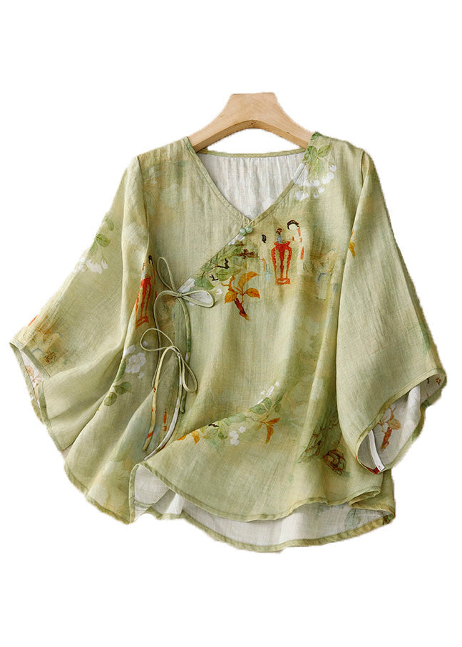 Green Button Lace Up Cotton Blouse V Neck Bracelet Sleeve