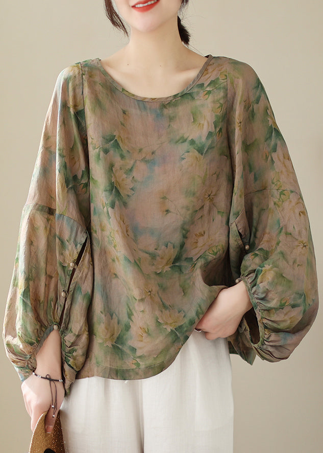 Green Button Loose Cotton T Shirt O Neck Lantern Sleeve