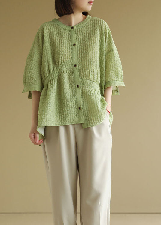 Green Button Loose Shirt Wrinkled Asymmetrical Design Bracelet Sleeve