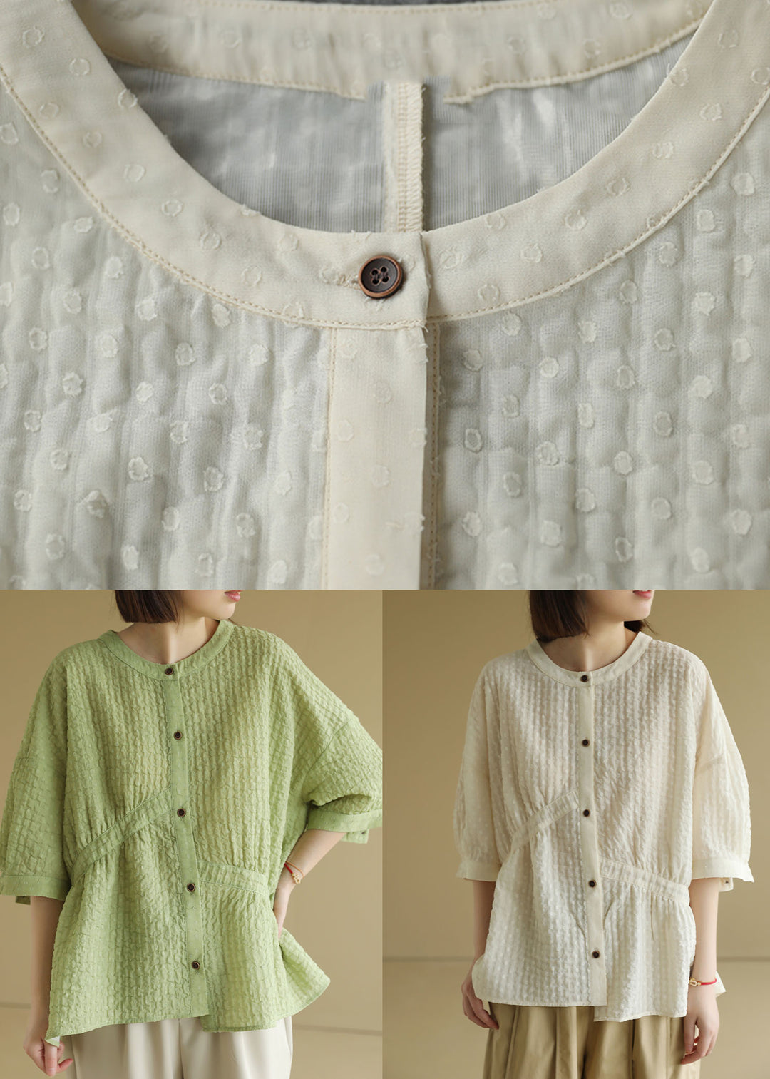 Green Button Loose Shirt Wrinkled Asymmetrical Design Bracelet Sleeve