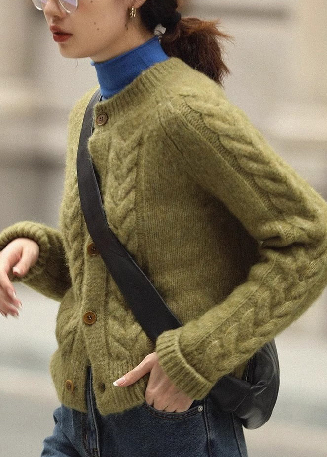 Green Cable Knit Sweaters Knit Coats O Neck Long Sleeve
