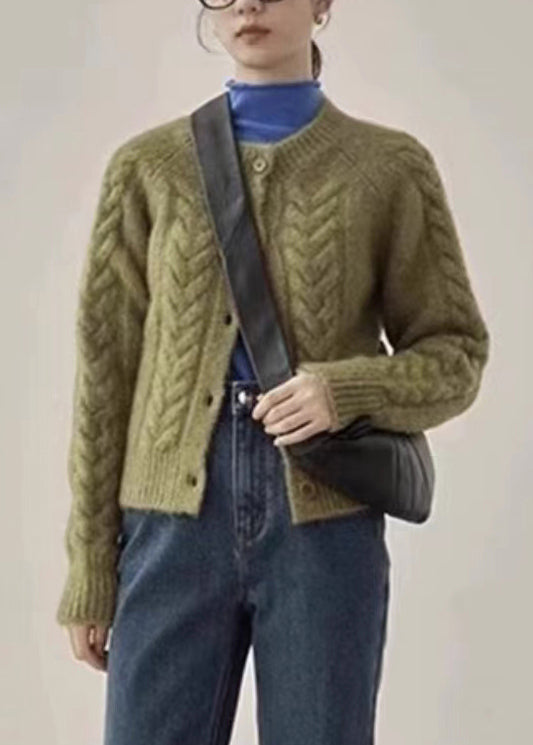 Green Cable Knit Sweaters Knit Coats O Neck Long Sleeve