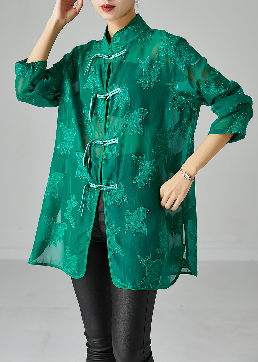 Green Chiffon UPF 50+ Shirts Oversized Chinese Button Fall