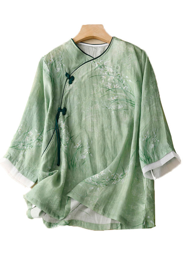Green Chinese Button Cotton Shirts O Neck Bracelet Sleeve