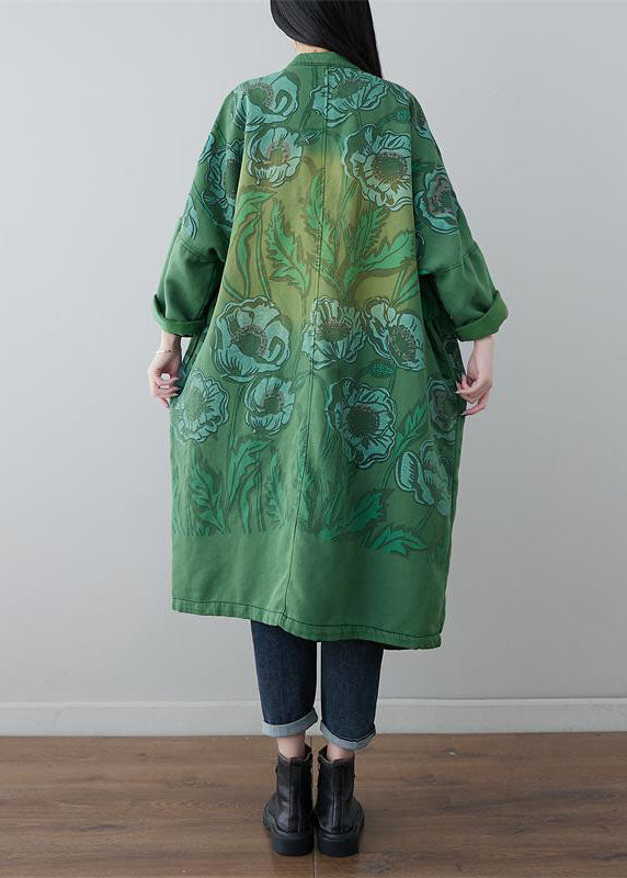 Green Chinese Button Print Cotton Coats V Neck Spring