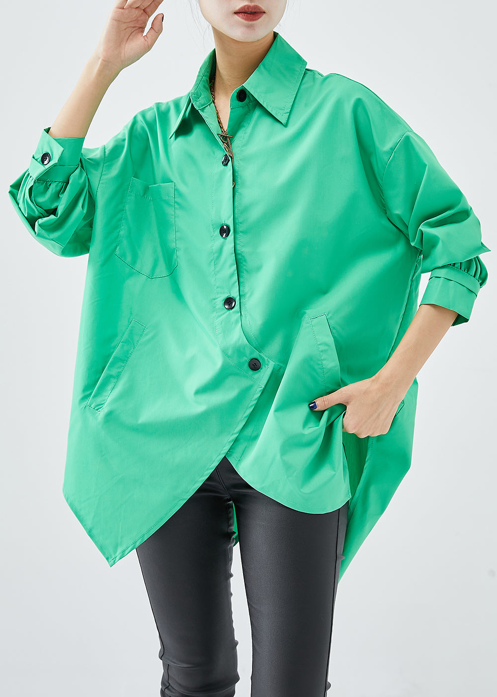 Green Cotton Blouses Asymmetrical Design Oversized Fall