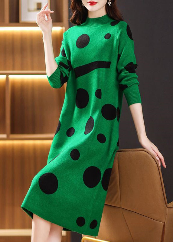 Green Dot Print Patchwork Knit Sweater Dress Turtleneck Long Sleeve