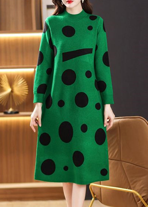 Green Dot Print Patchwork Knit Sweater Dress Turtleneck Long Sleeve