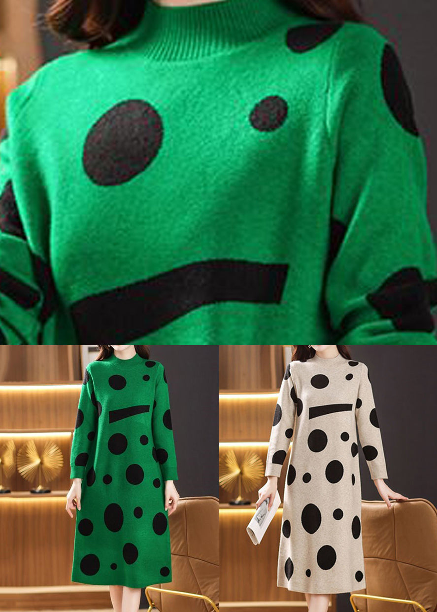 Green Dot Print Patchwork Knit Sweater Dress Turtleneck Long Sleeve