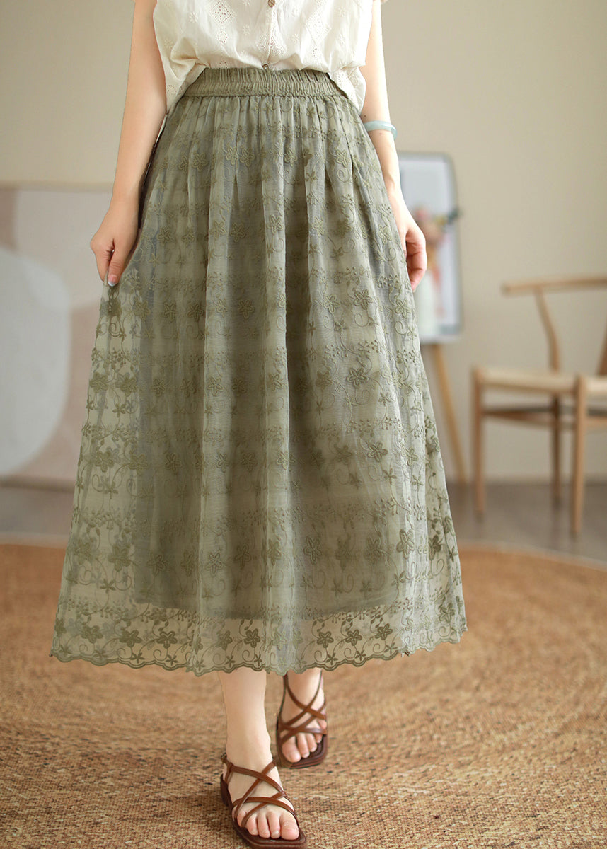 Green Elastic Waist Lace Patchwork Tulle A Line Skirt