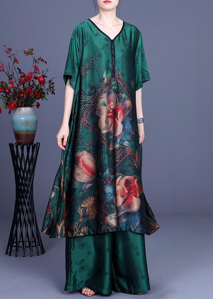 Green Elegant Print Patchwork Summer Silk long shirts + Wide Leg Two Pieces Set - Omychic