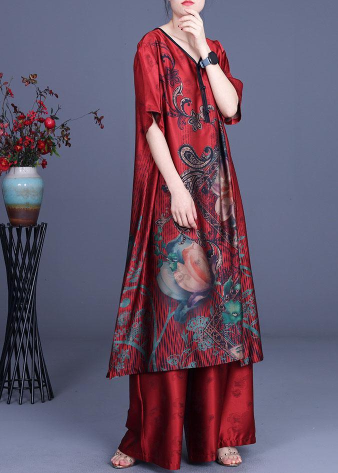 Green Elegant Print Patchwork Summer Silk long shirts + Wide Leg Two Pieces Set - Omychic