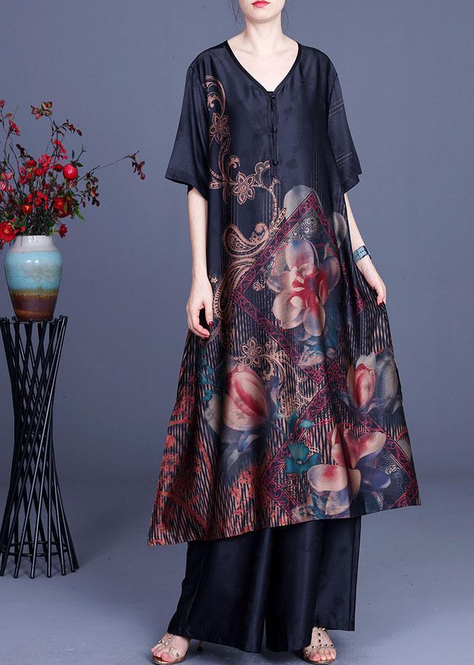 Green Elegant Print Patchwork Summer Silk long shirts + Wide Leg Two Pieces Set - Omychic