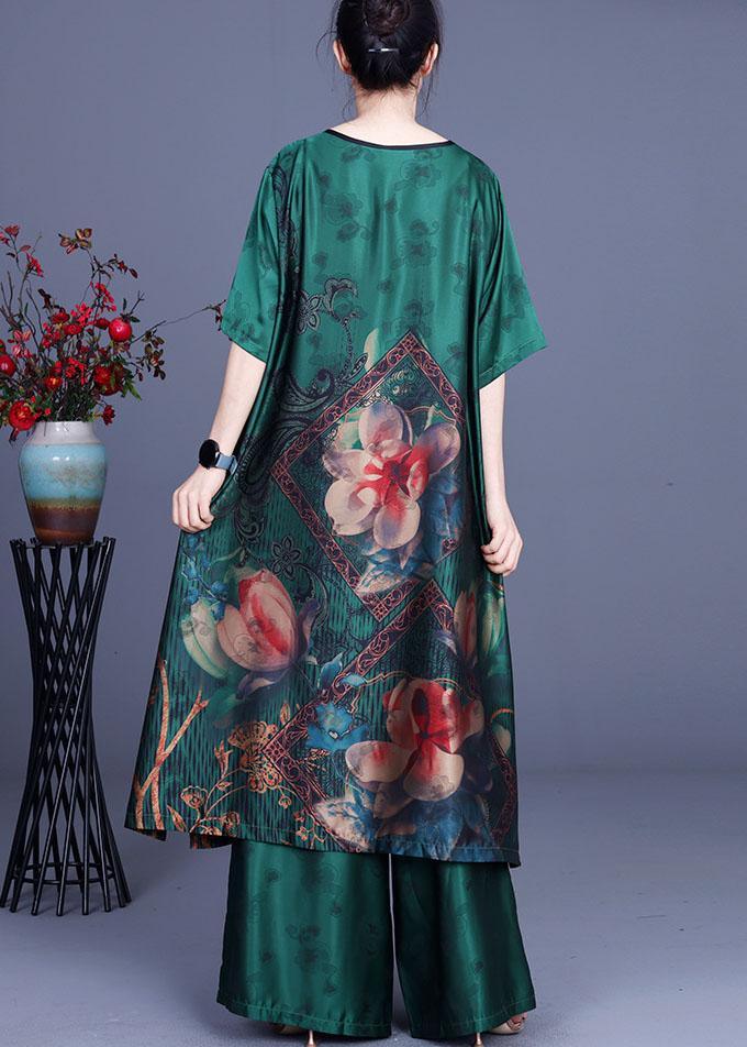 Green Elegant Print Patchwork Summer Silk long shirts + Wide Leg Two Pieces Set - Omychic