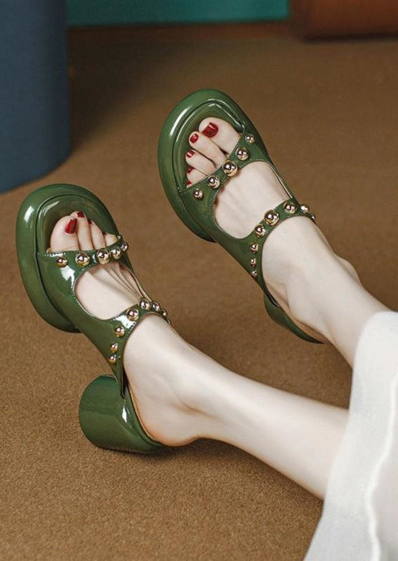 Green Faux Leather Chic Rivet Splicing Peep Toe Chunky Slide Sandals