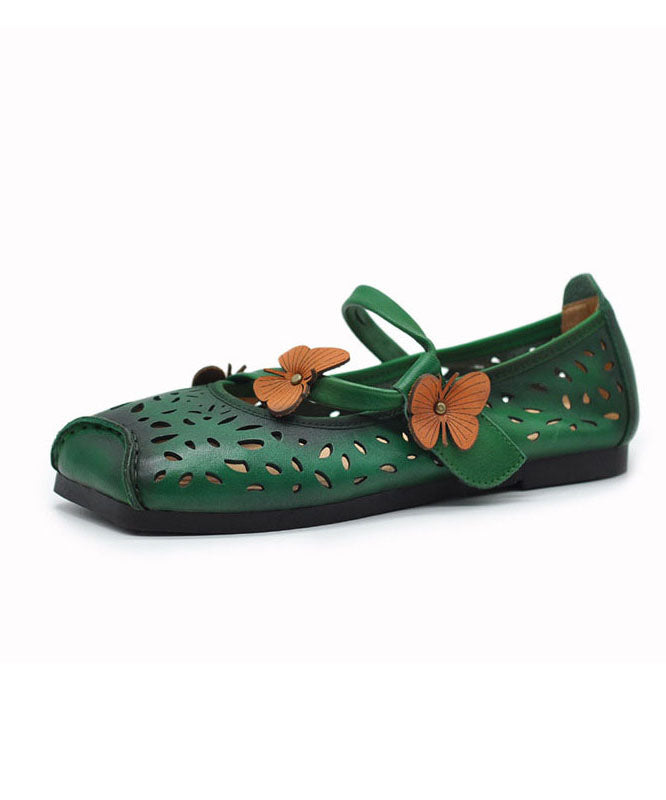 Green Flat Shoes For Women Cowhide Leather Soft Butterfly Splicing Hollow Out