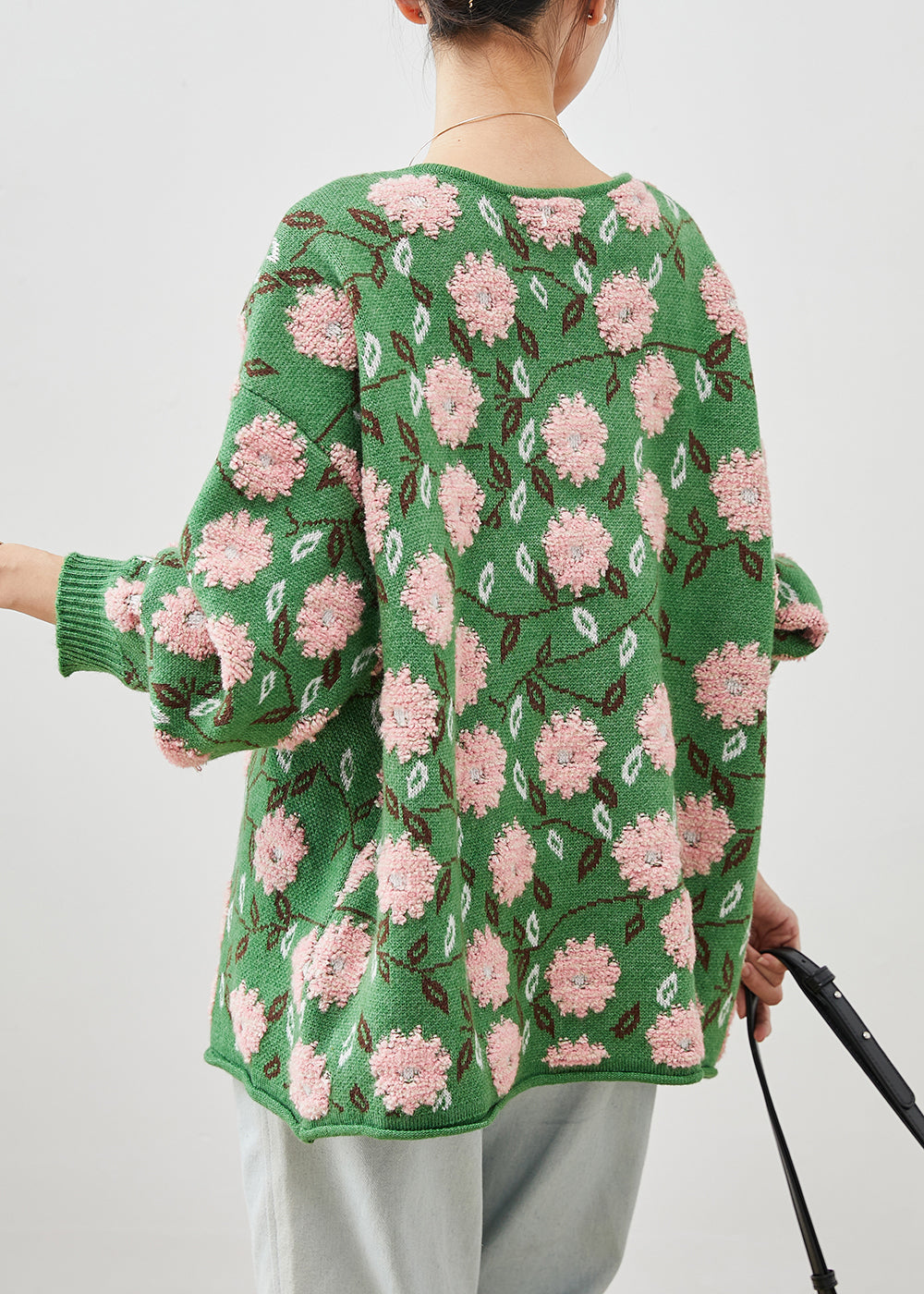 Green Floral Jacquard Cozy Knit Cardigans Oversized Winter