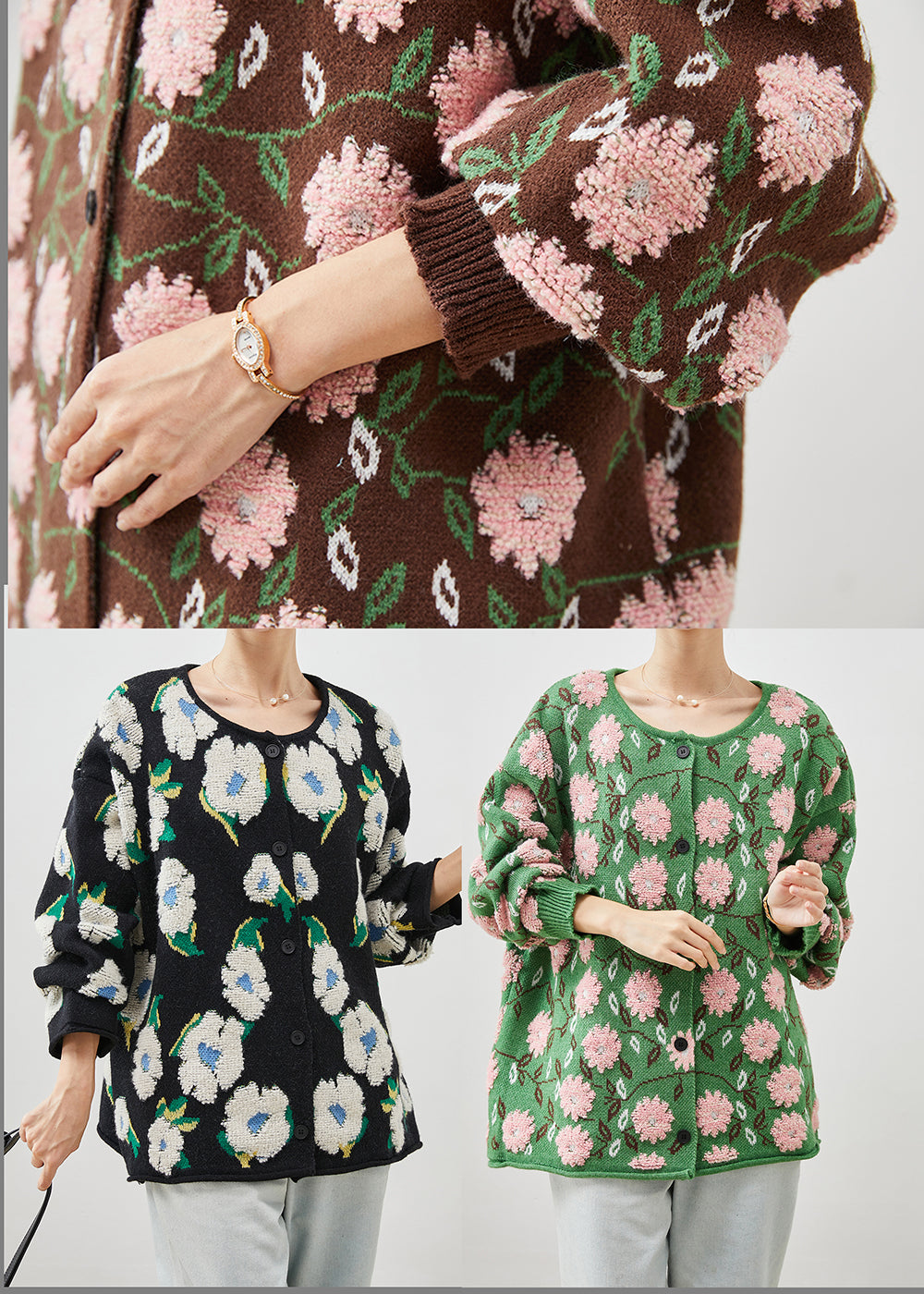 Green Floral Jacquard Cozy Knit Cardigans Oversized Winter