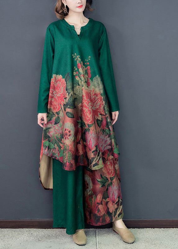 Green Floral Silk Dress And Wide Leg Pants Two Pieces Set Low High Design Spring