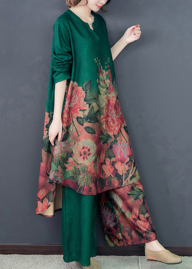 Green Floral Silk Dress And Wide Leg Pants Two Pieces Set Low High Design Spring