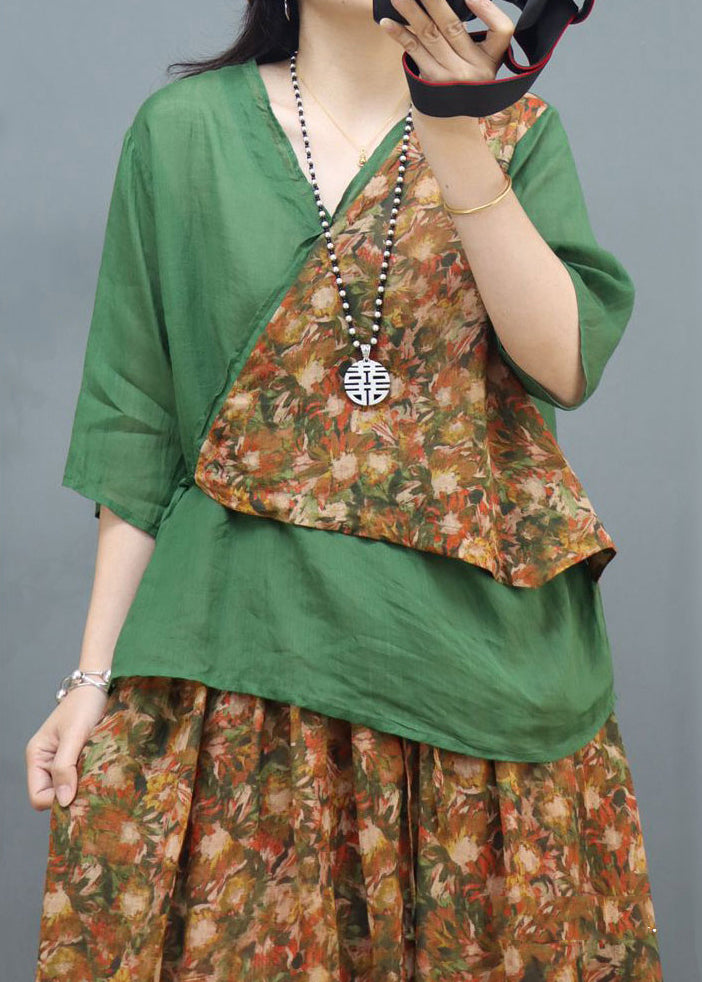 Green Lace UP Patchwork Cotton Two Piece Set V Neck Half Sleeve