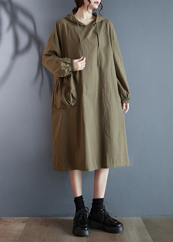 Green Lace Up Patchwork Loose Cotton Dresses Hooded Fall