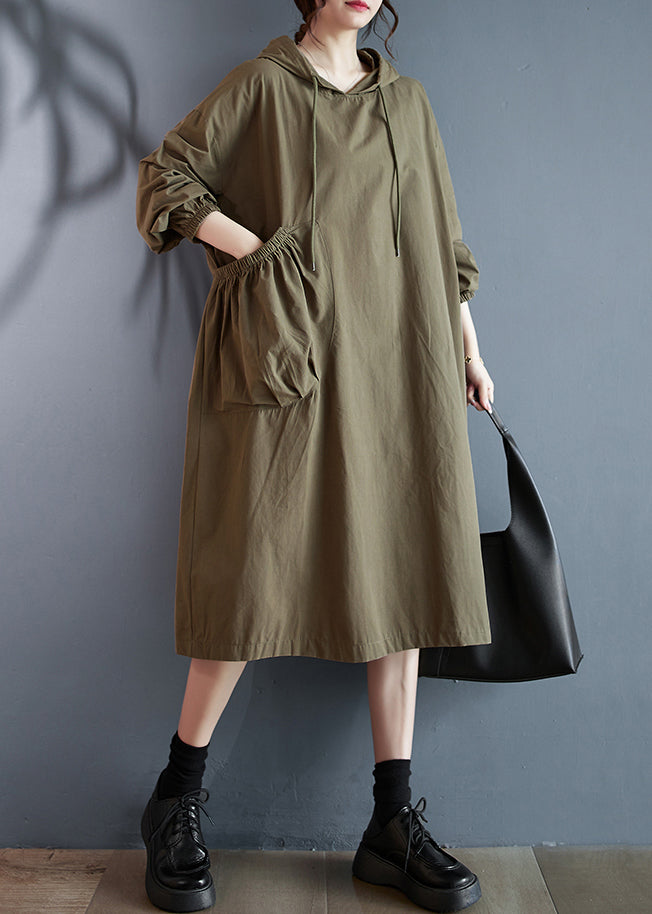 Green Lace Up Patchwork Loose Cotton Dresses Hooded Fall