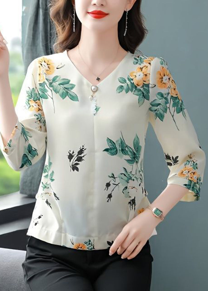 Green Leaf Print Chiffon Shirts V Neck Nail Bead Bracelet Sleeve