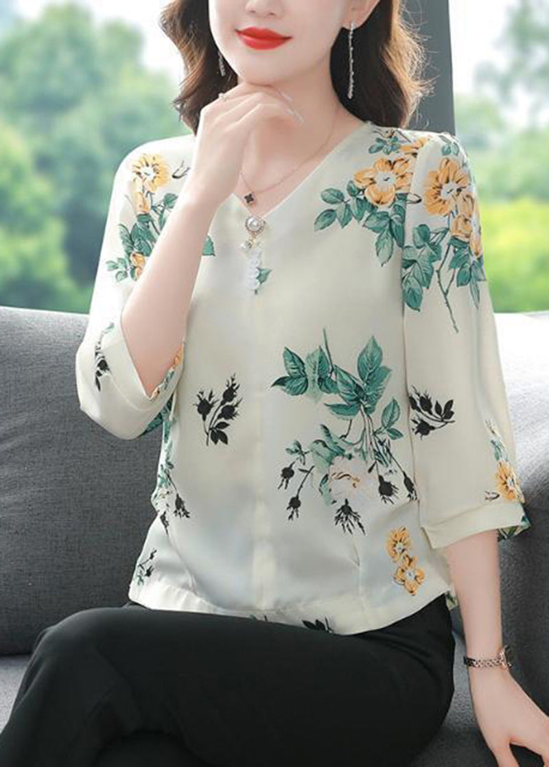 Green Leaf Print Chiffon Shirts V Neck Nail Bead Bracelet Sleeve