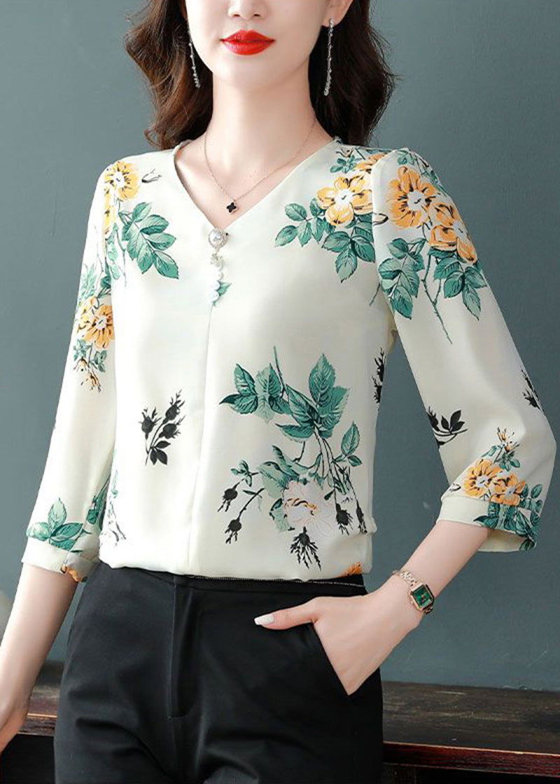 Green Leaf Print Chiffon Shirts V Neck Nail Bead Bracelet Sleeve