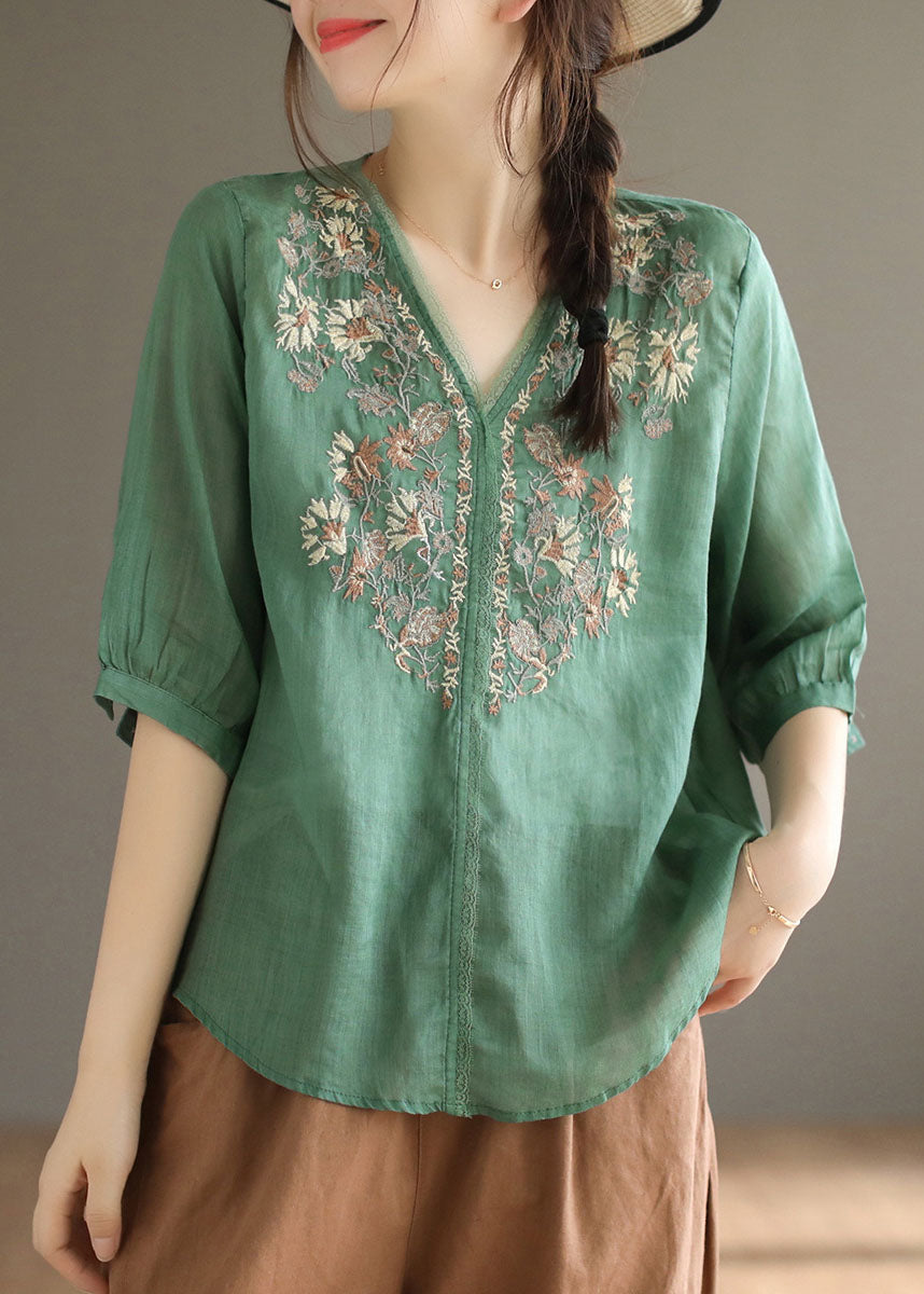 Green Linen Blouses V Neck Embroideried Oversized Half Sleeve
