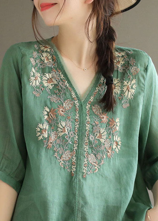 Green Linen Blouses V Neck Embroideried Oversized Half Sleeve