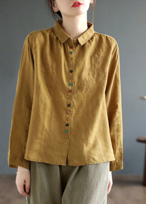 Green Linen Loose Shirts Embroideried Button Fall