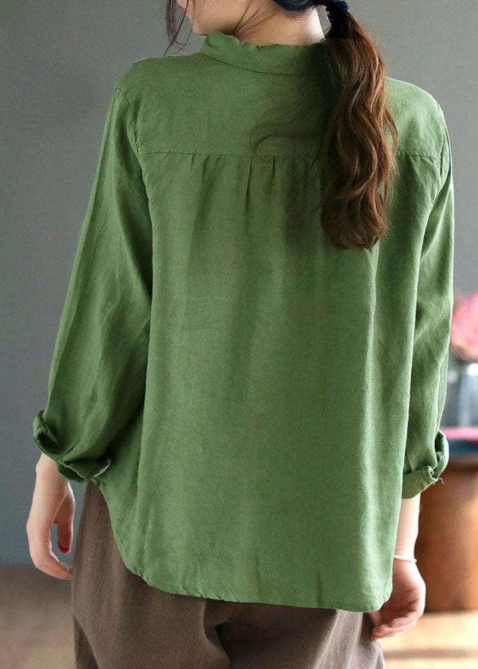 Green Linen Loose Shirts Embroideried Button Fall