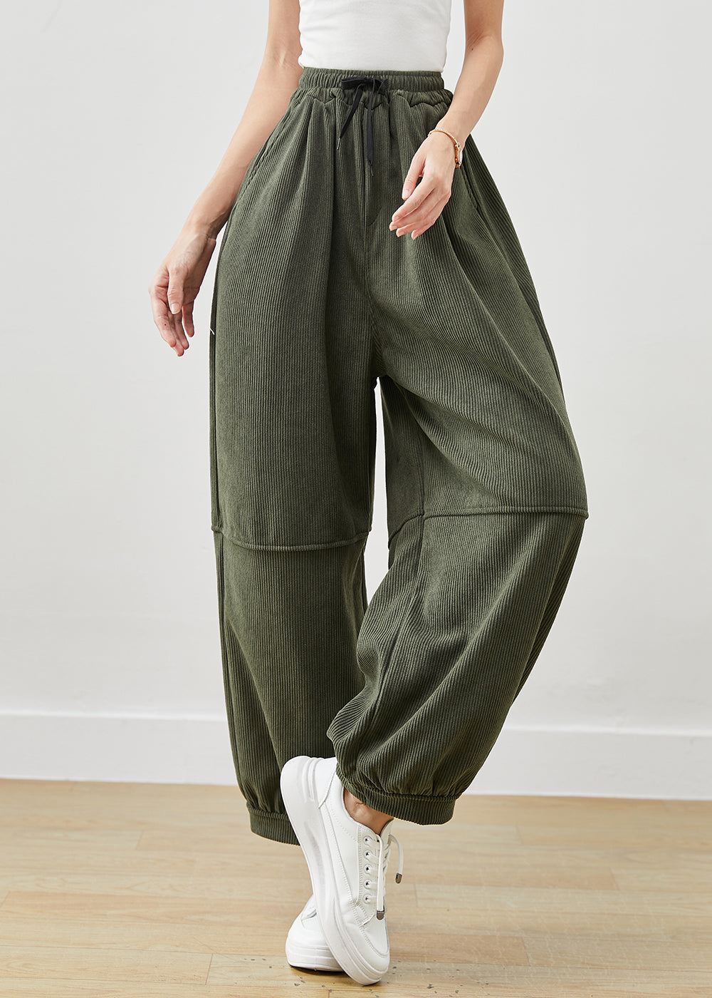 Green Loose Corduroy Harem Pants Elastic Waist Winter