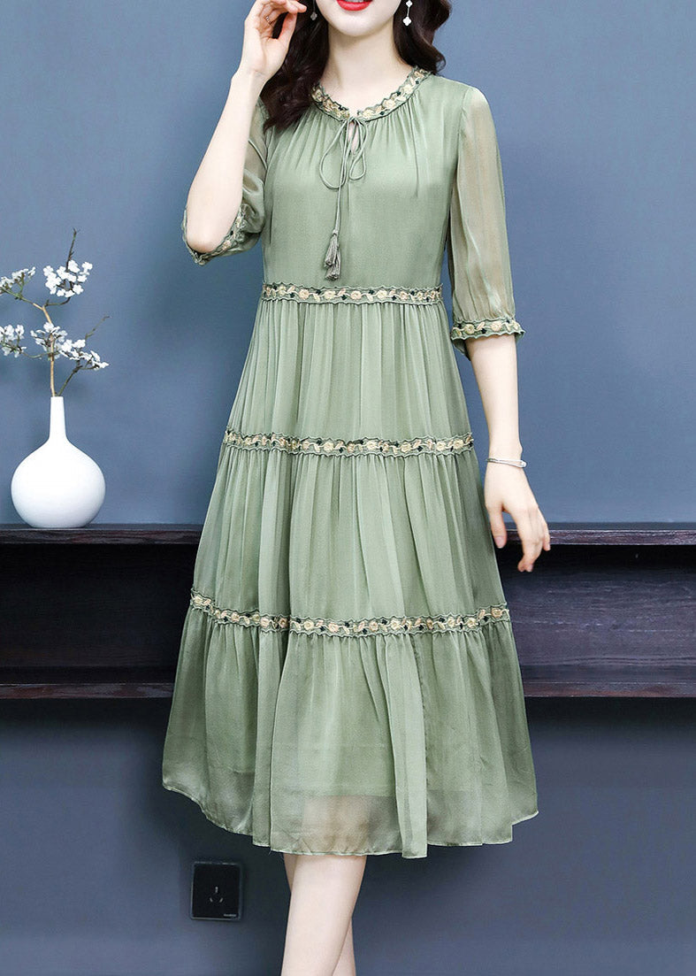 Green Neck Tie Silk Long Dresses Half Sleeve