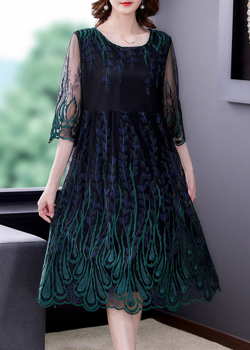 Green O-Neck Patchwork Tulle Silk Long Dress Half Sleeve