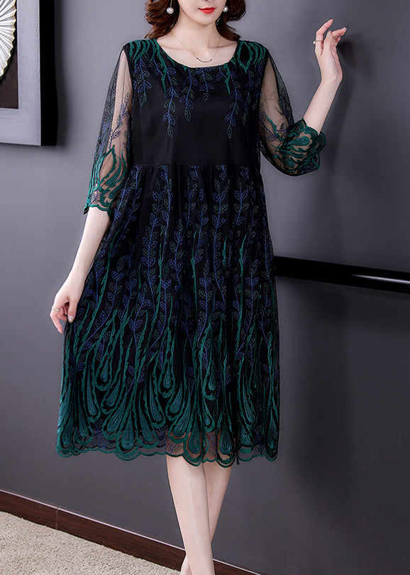 Green O-Neck Patchwork Tulle Silk Long Dress Half Sleeve