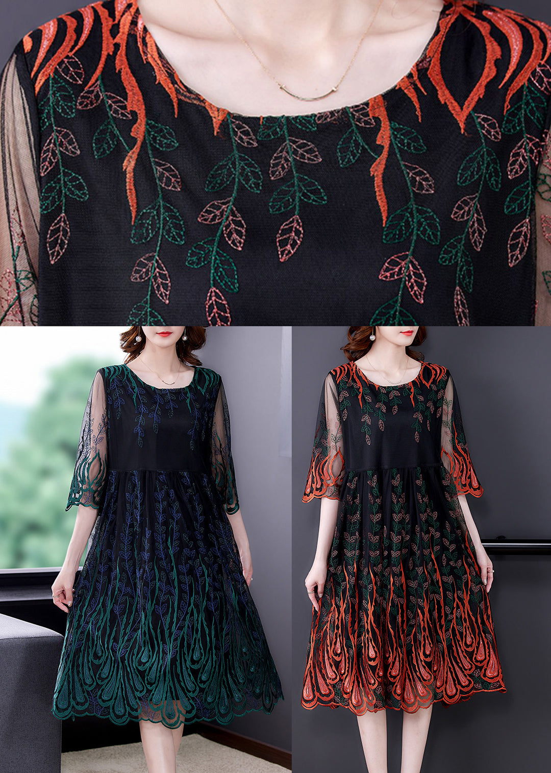 Green O-Neck Patchwork Tulle Silk Long Dress Half Sleeve