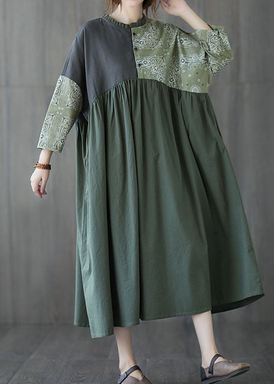 Green Patchwork Button Cotton Dresses Spring