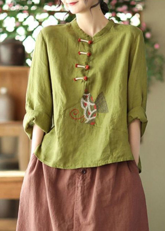 Green Patchwork Button Linen Tops Long Sleeve