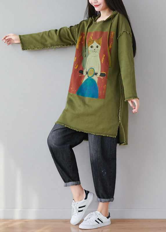 Green Patchwork Cartoon Print Cotton Tops Hooded Spring